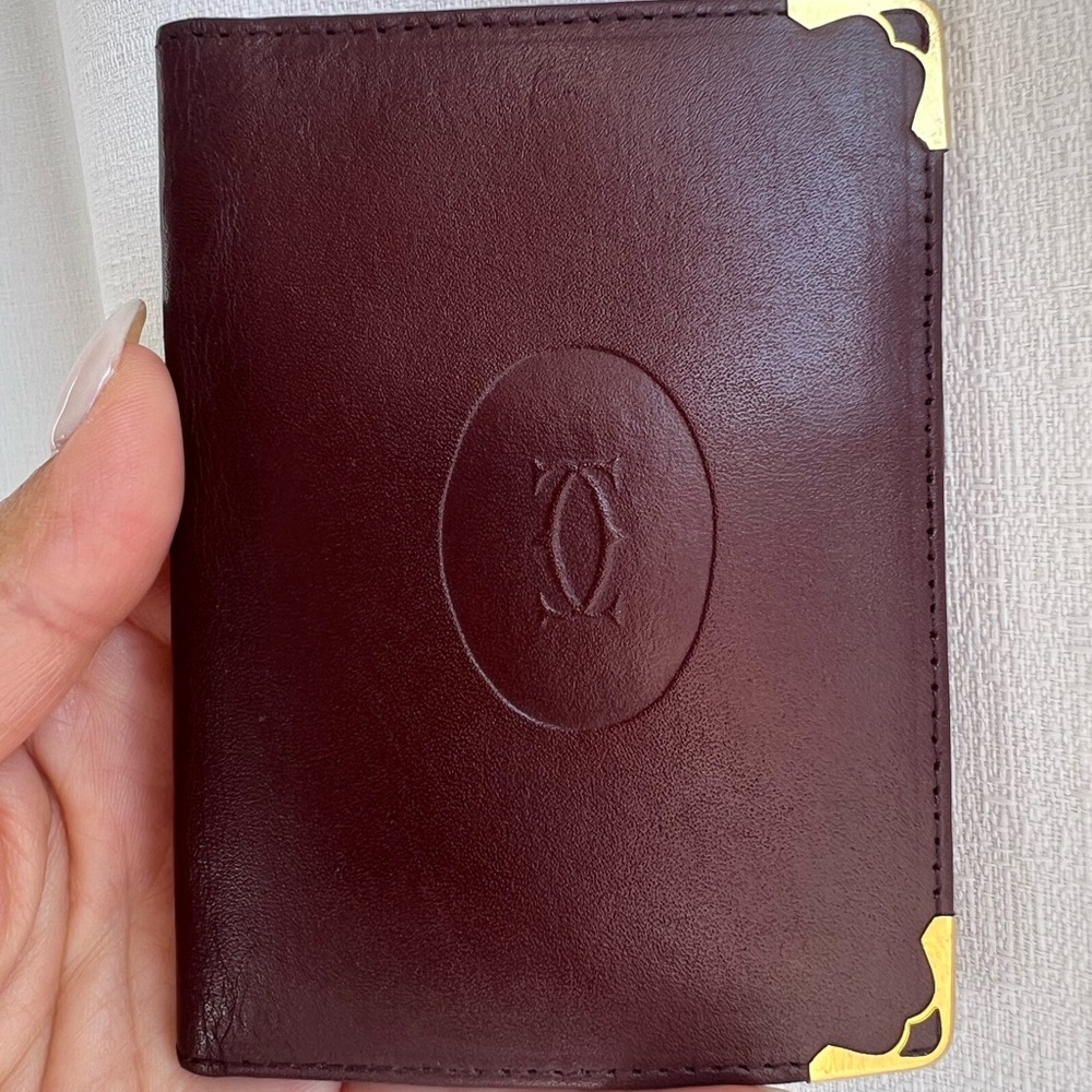 Authentic Cartier Deep Red Leather Wallet with Gold Accents